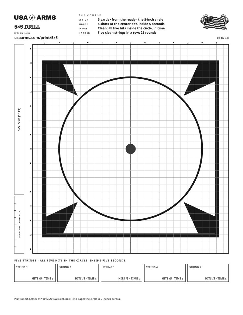 5×5 Drill, low-ink grayscale printable target (PDF preview)