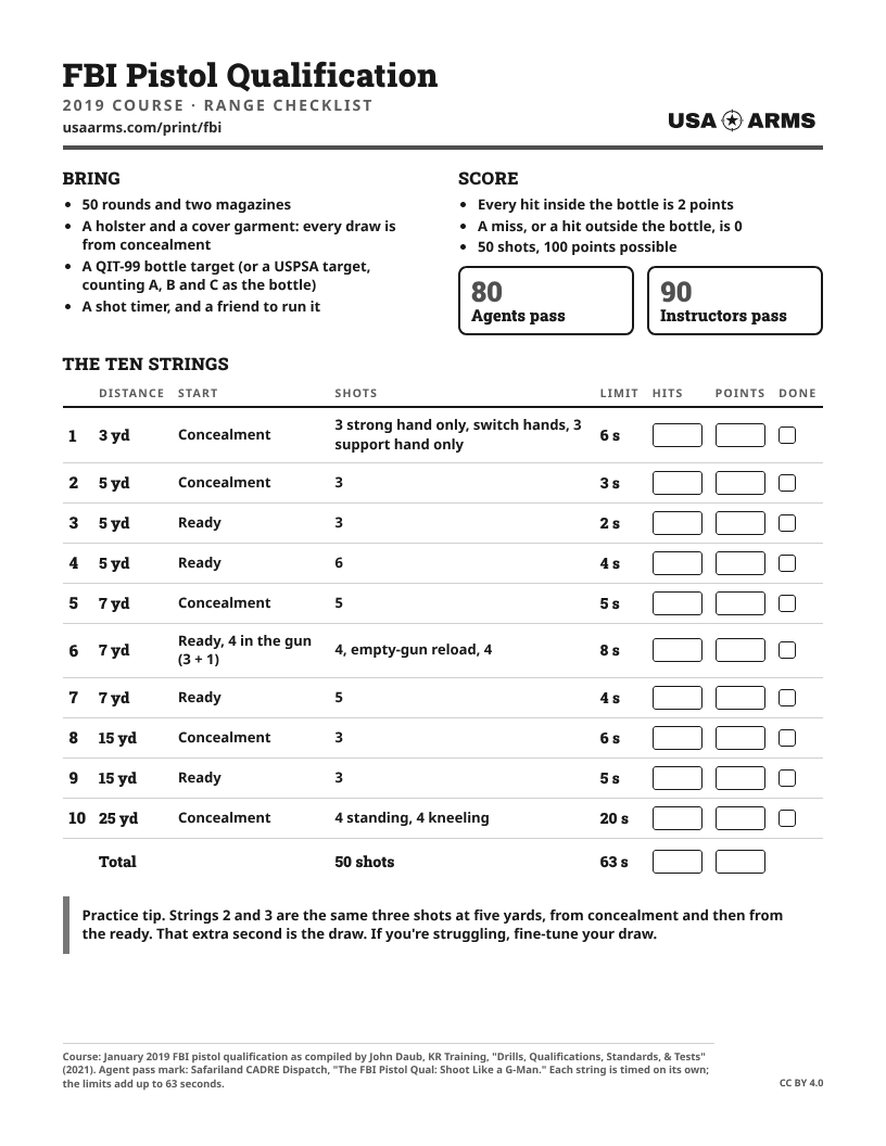 FBI pistol qualification checklist, low-ink grayscale printable target (PDF preview)
