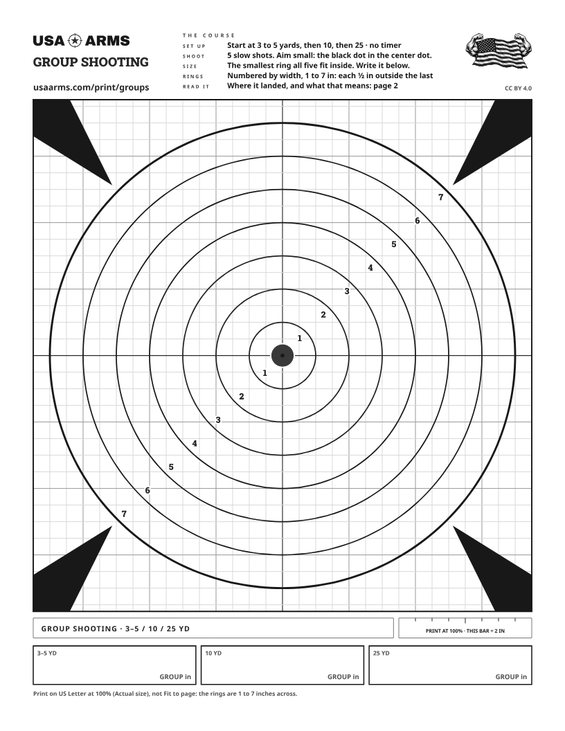 Group shooting, low-ink grayscale printable target, page 1 (PDF preview)