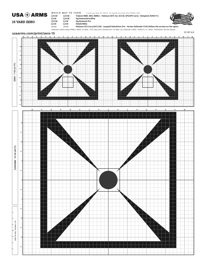 Red dot pistol 15-yard zero, low-ink grayscale printable target (PDF preview)